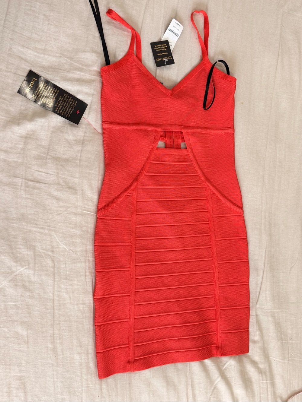 Bebe orange Red coral Bandage Bodycon Dress - Sleeveless V-Neck cutout nwt